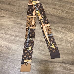 Designer Inspired Brown Silk Twilly Scarf with Gold & Tan Hardware Print